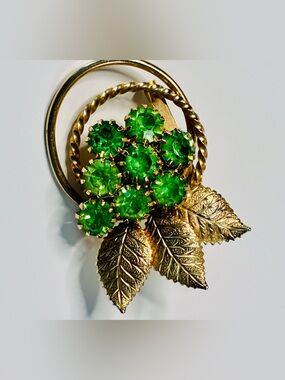 Gold-Tone Leaf Brooch with Bright Green Stones VTG Retro